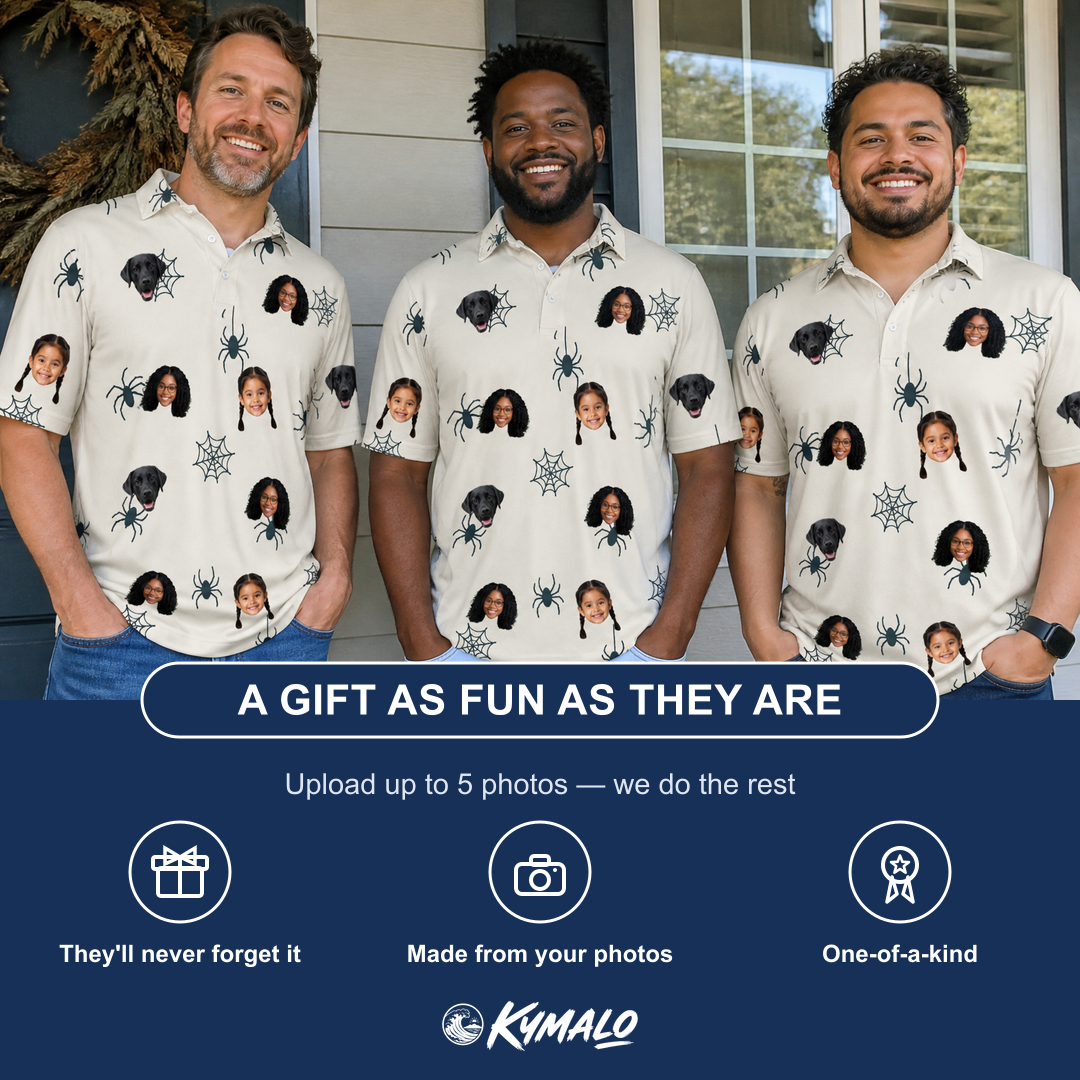 Friends in matching Men's Tarantula Tango Custom Face Polo Shirt — a group gift photo