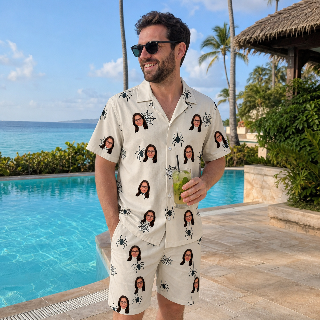 Real-life photo of someone wearing Men's Tarantula Tango Custom Face Shirt & Shorts Set — custom faces printed all-over