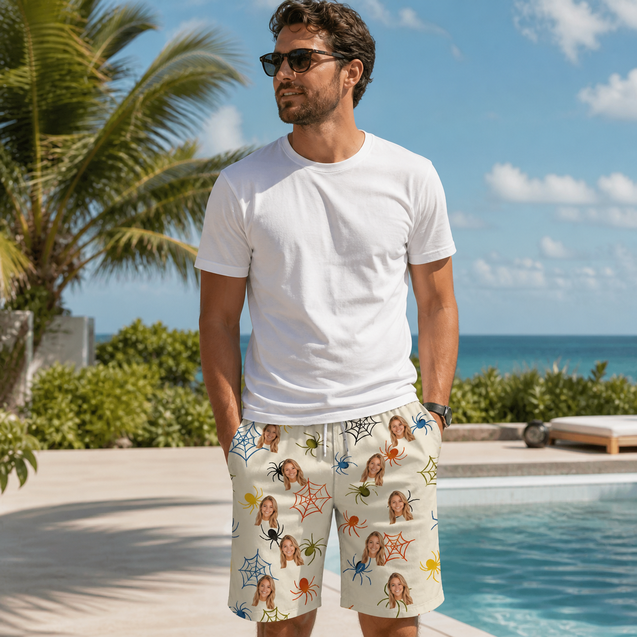 Real-life photo of someone wearing Men's Creepy Crawlers Custom Face Beach Shorts — custom faces printed all-over