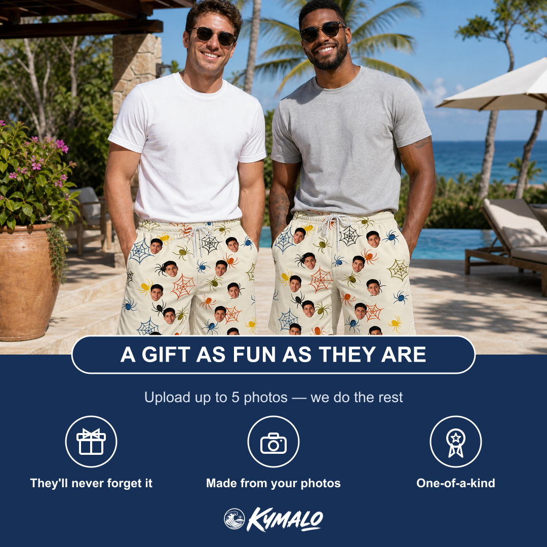 Friends in matching Men's Creepy Crawlers Custom Face Beach Shorts — a group gift photo