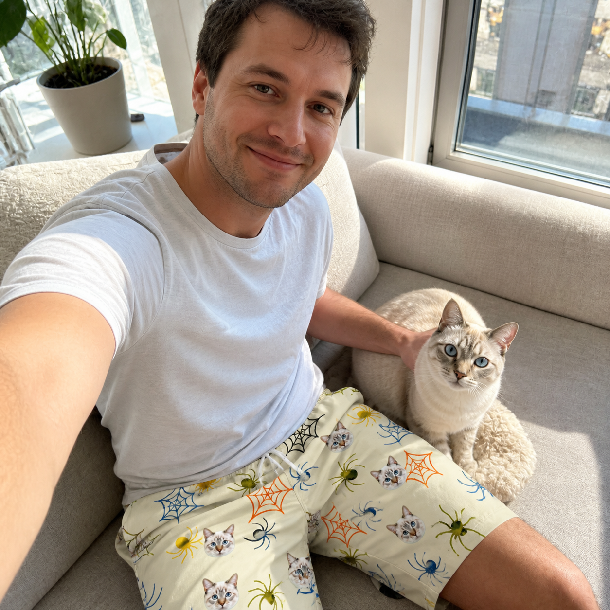 Selfie with the pet whose face is printed all over this Men's Creepy Crawlers Custom Cat Face Beach Shorts