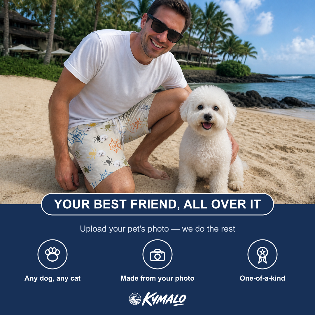 Friends in matching Men's Creepy Crawlers Custom Dog Face Beach Shorts — a group gift photo