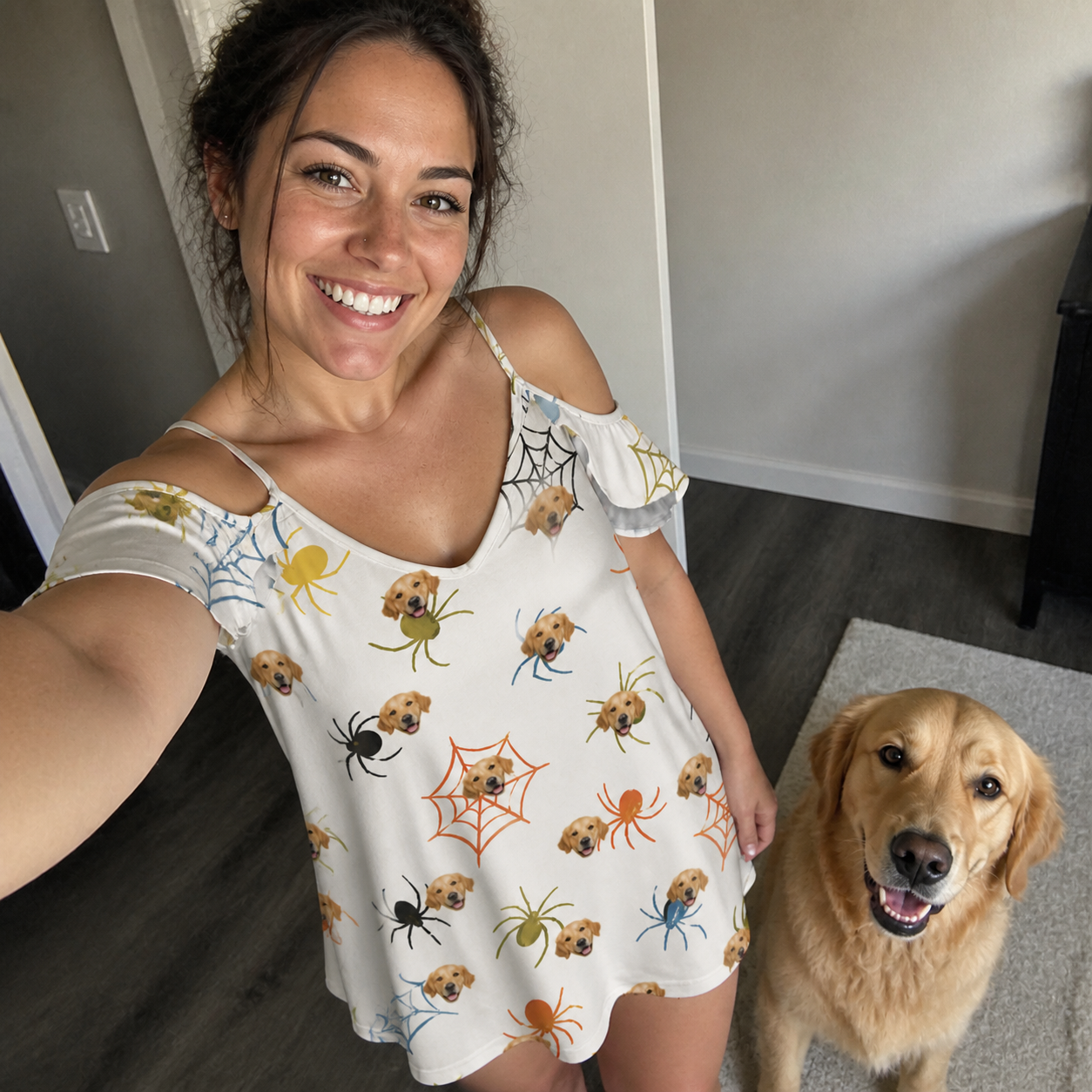 Selfie with the pet whose face is printed all over this Women's Creepy Crawlers Custom Dog Face Off-Shoulder Dress