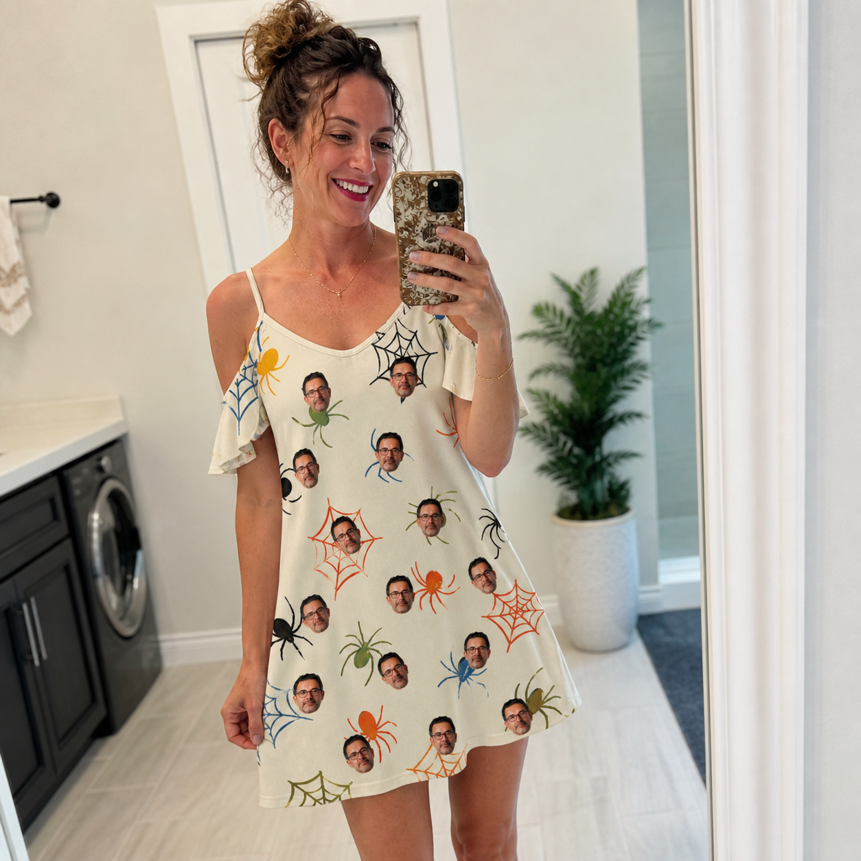 Real-life photo of someone wearing Women's Creepy Crawlers Custom Face Off-Shoulder Dress — custom faces printed all-over