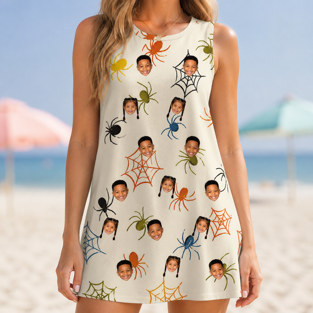Model wearing Women's Creepy Crawlers Custom Face Tank Dress printed with kids' faces