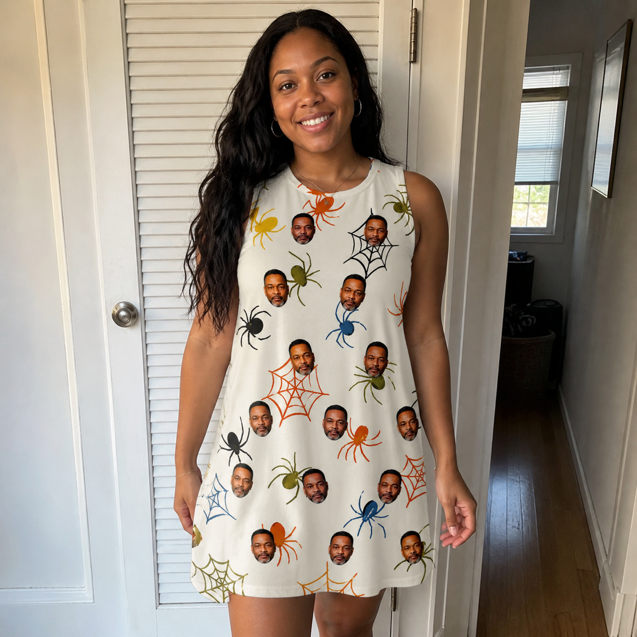 Real-life photo of someone wearing Women's Creepy Crawlers Custom Face Tank Dress — custom faces printed all-over
