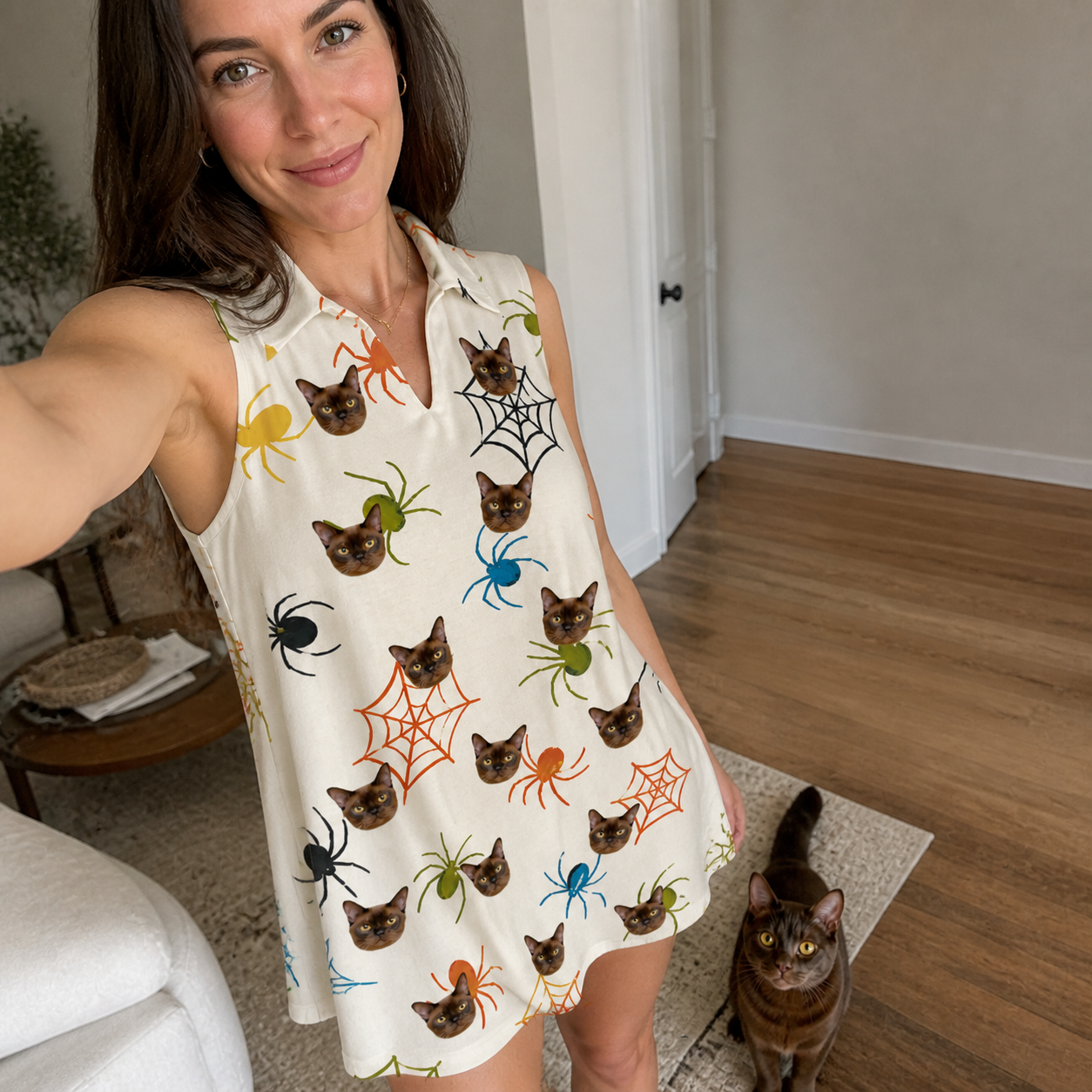 Selfie with the pet whose face is printed all over this Women's Creepy Crawlers Custom Cat Face V-Neck Dress