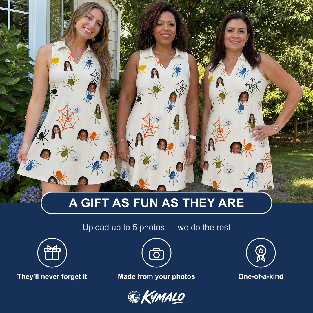 Friends in matching Women's Creepy Crawlers Custom Face V-Neck Dress — a group gift photo