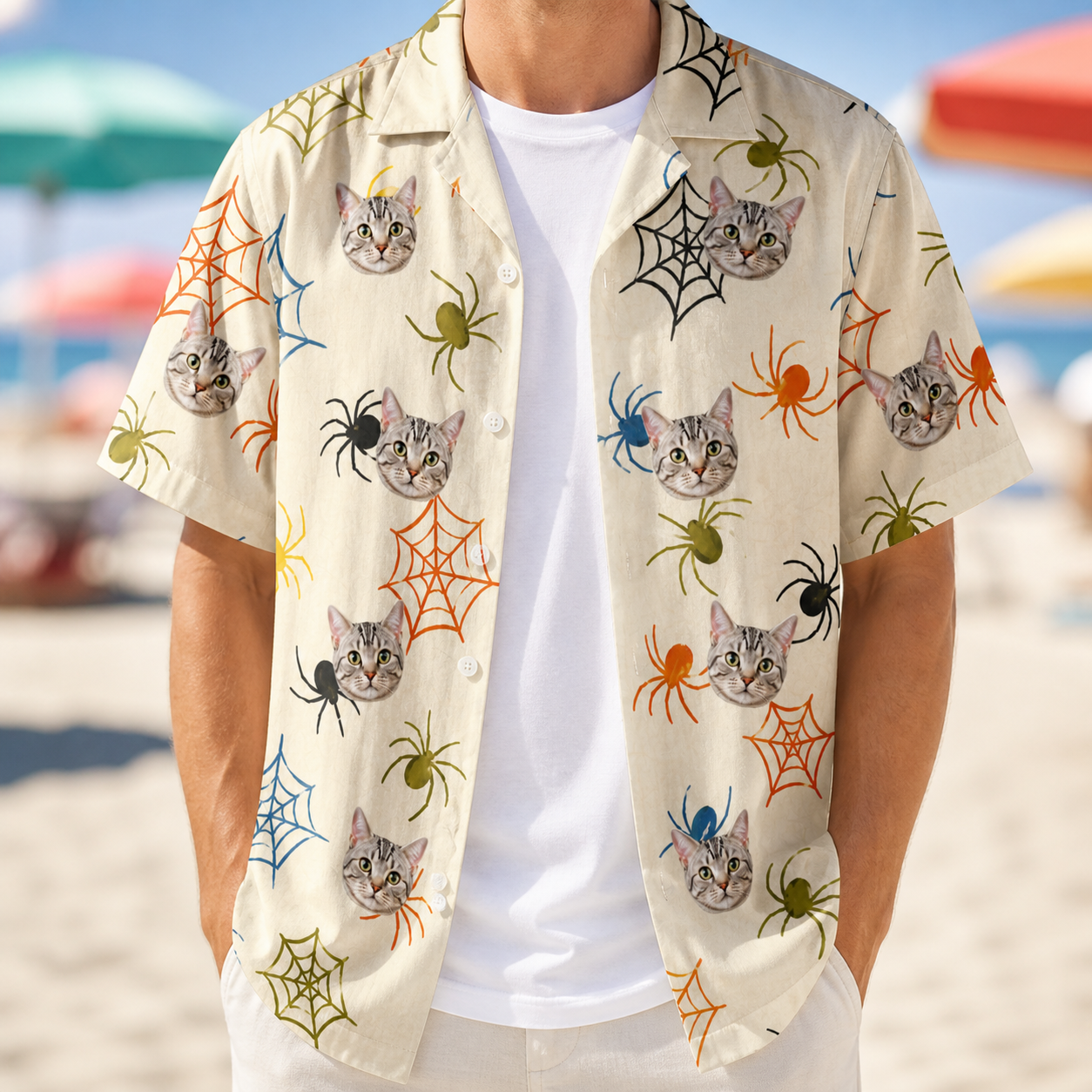 Man wearing Men's Creepy Crawlers Custom Cat Face Hawaiian Shirt open over a white tee