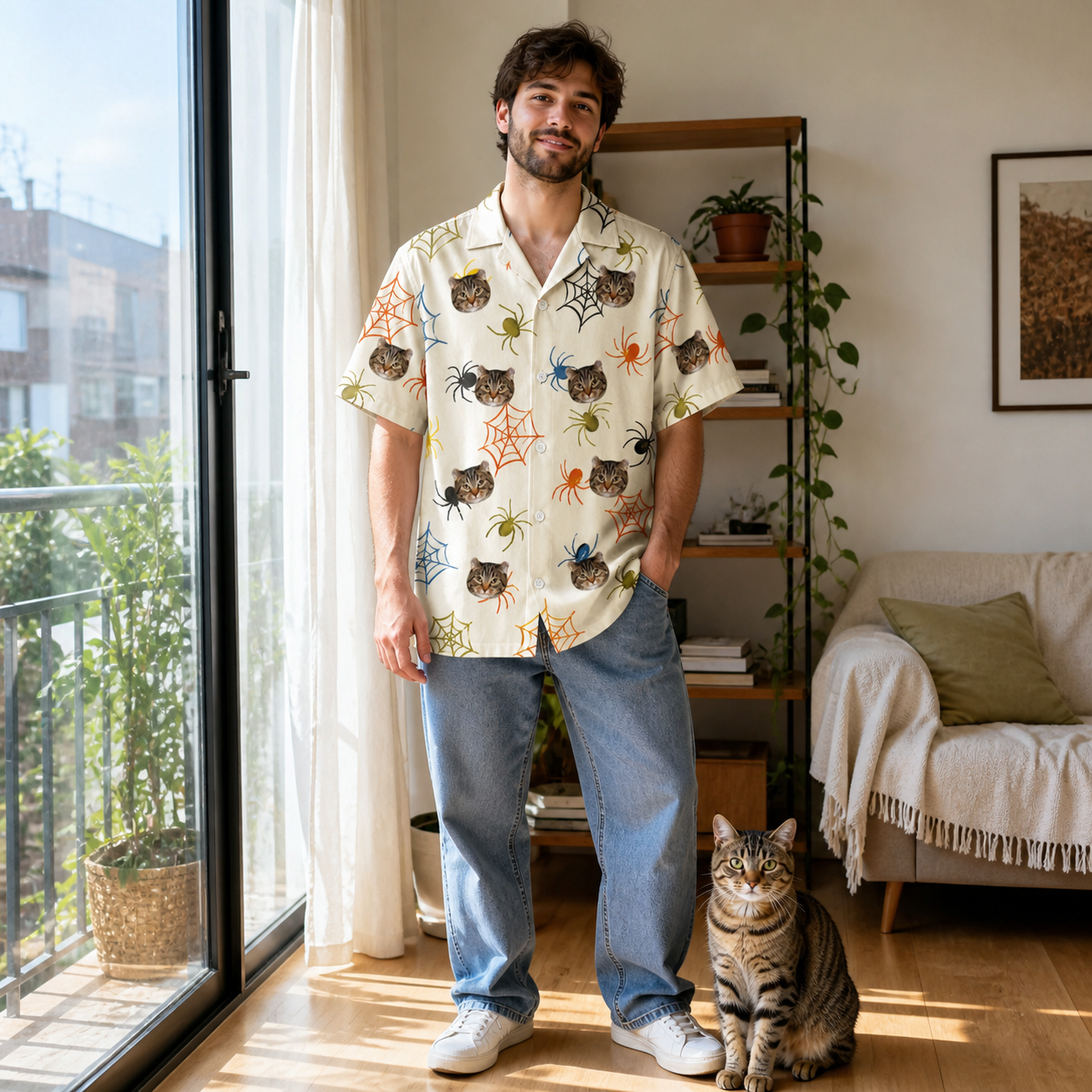 Full-length photo with the pet printed all over this Men's Creepy Crawlers Custom Cat Face Hawaiian Shirt