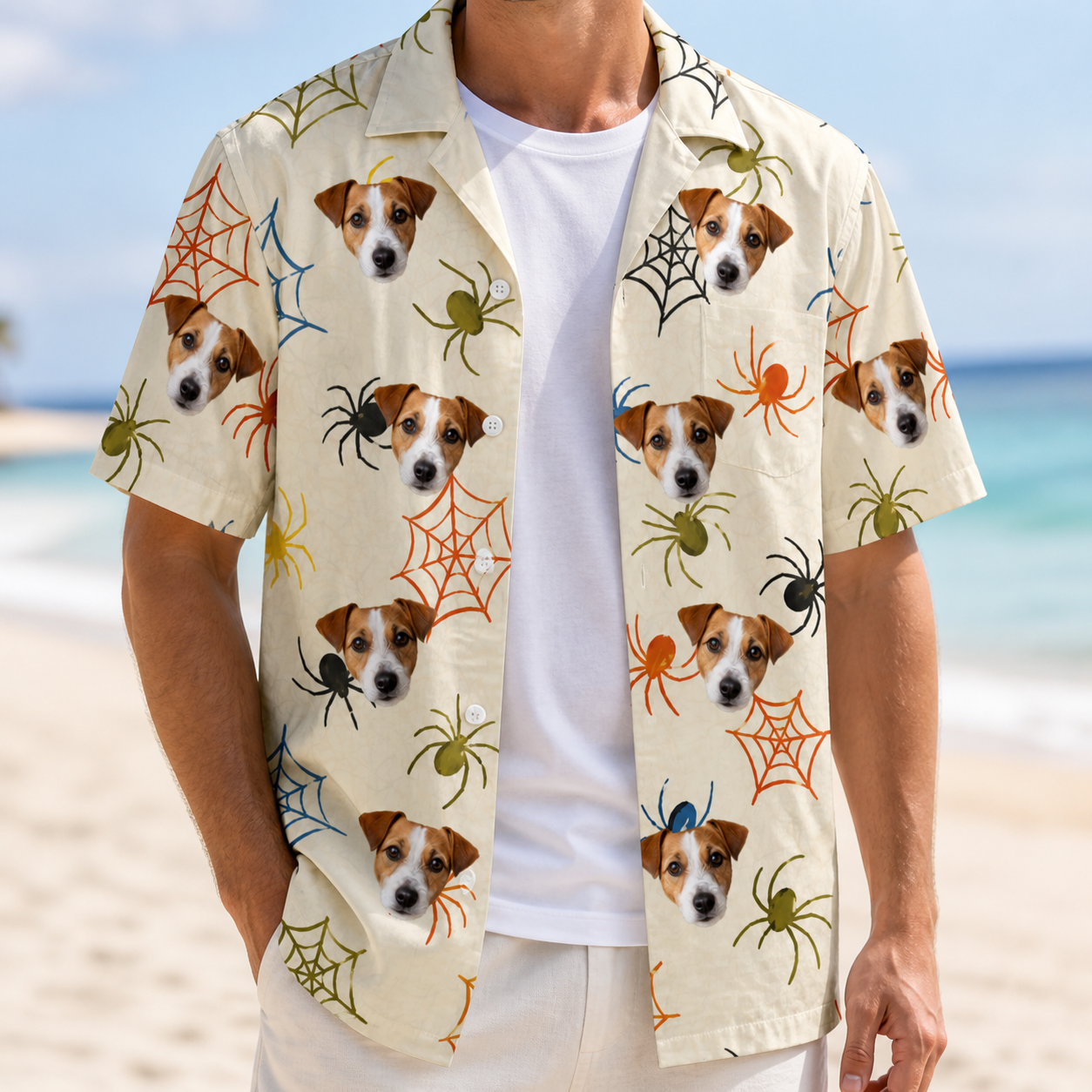 Man wearing Men's Creepy Crawlers Custom Dog Face Hawaiian Shirt open over a white tee