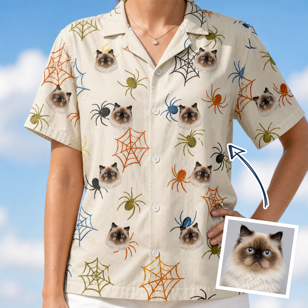 Woman wearing Women's Creepy Crawlers Custom Cat Face Hawaiian Shirt — custom faces printed all-over