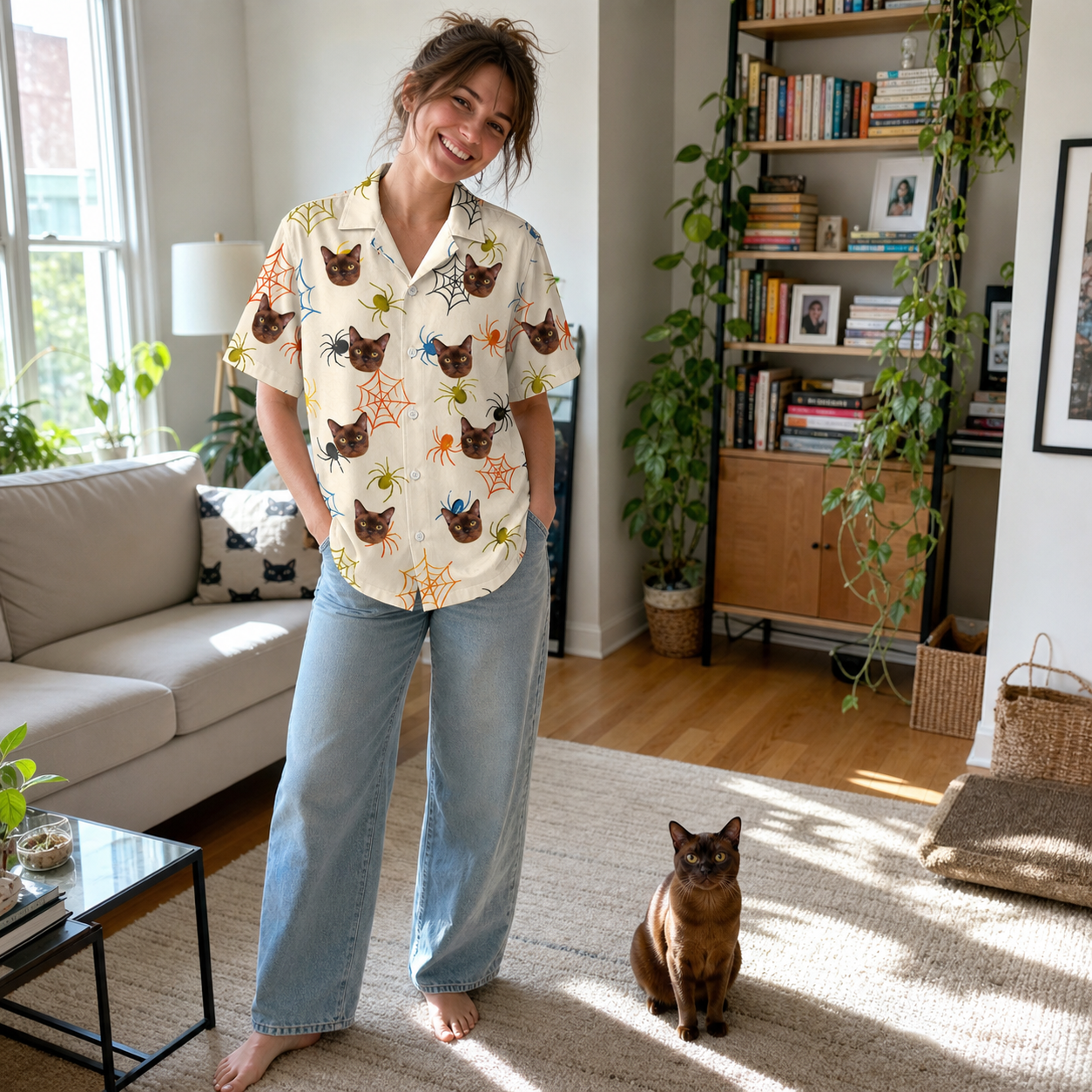 Full-length photo with the pet printed all over this Women's Creepy Crawlers Custom Cat Face Hawaiian Shirt