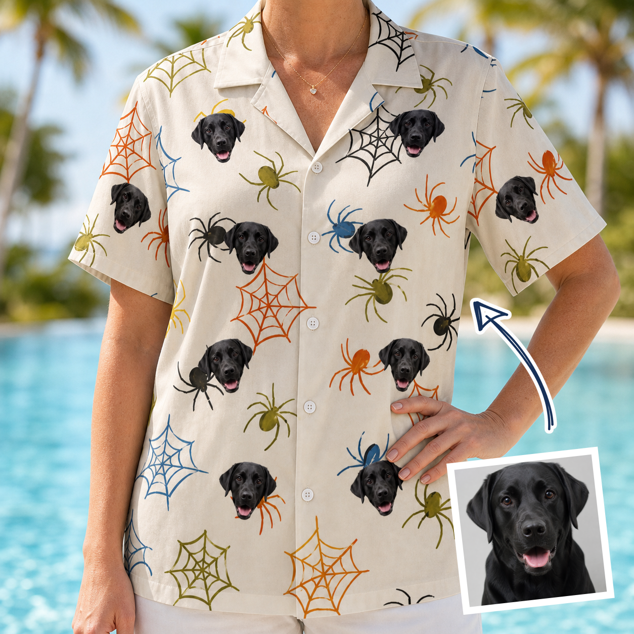 Woman wearing Women's Creepy Crawlers Custom Dog Face Hawaiian Shirt — custom faces printed all-over