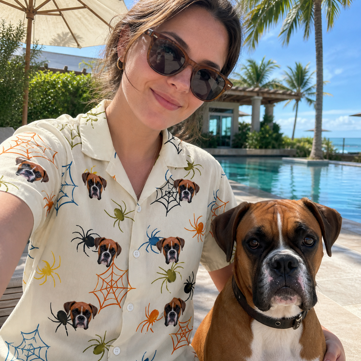Selfie with the pet whose face is printed all over this Women's Creepy Crawlers Custom Dog Face Hawaiian Shirt