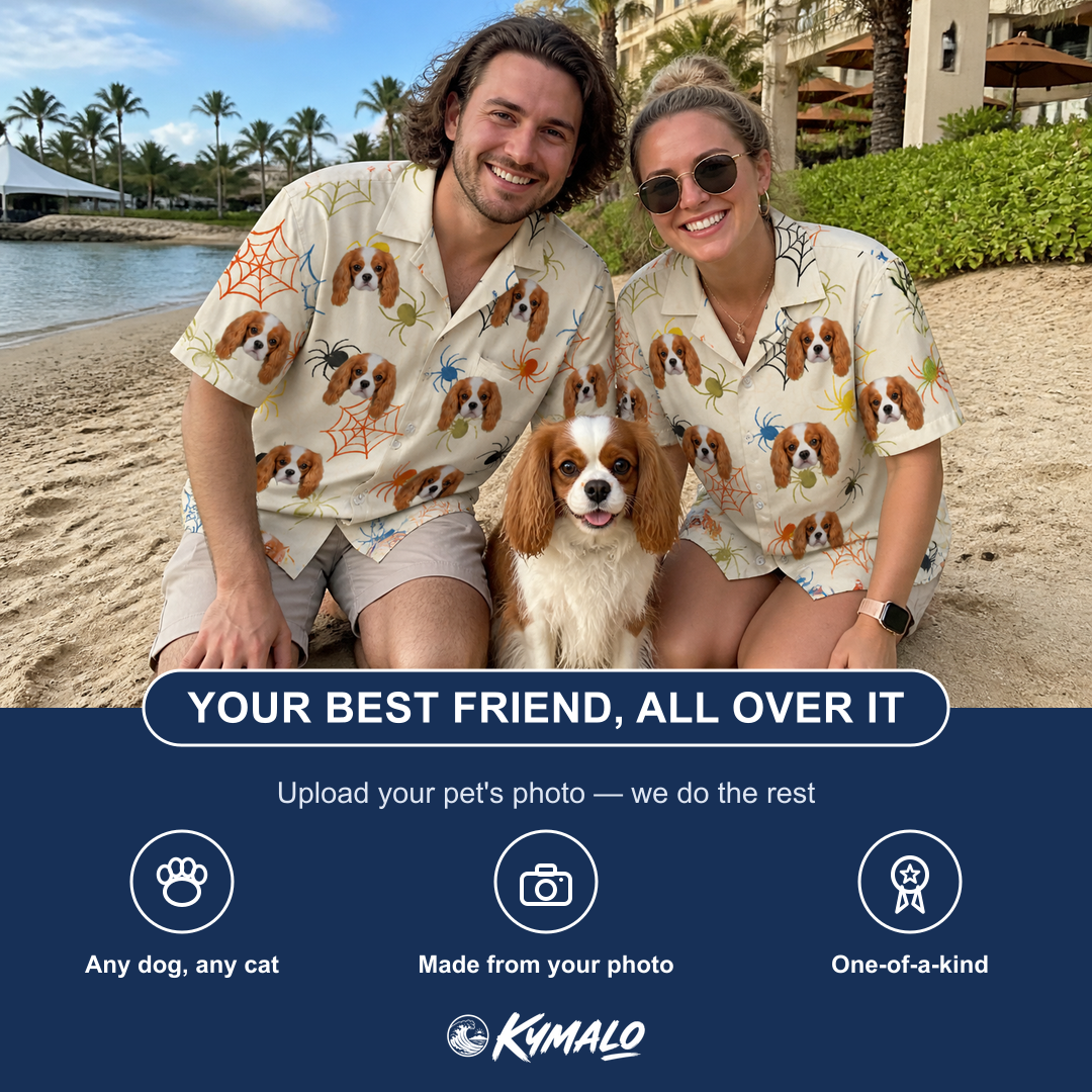 Friends in matching Women's Creepy Crawlers Custom Dog Face Hawaiian Shirt — a group gift photo