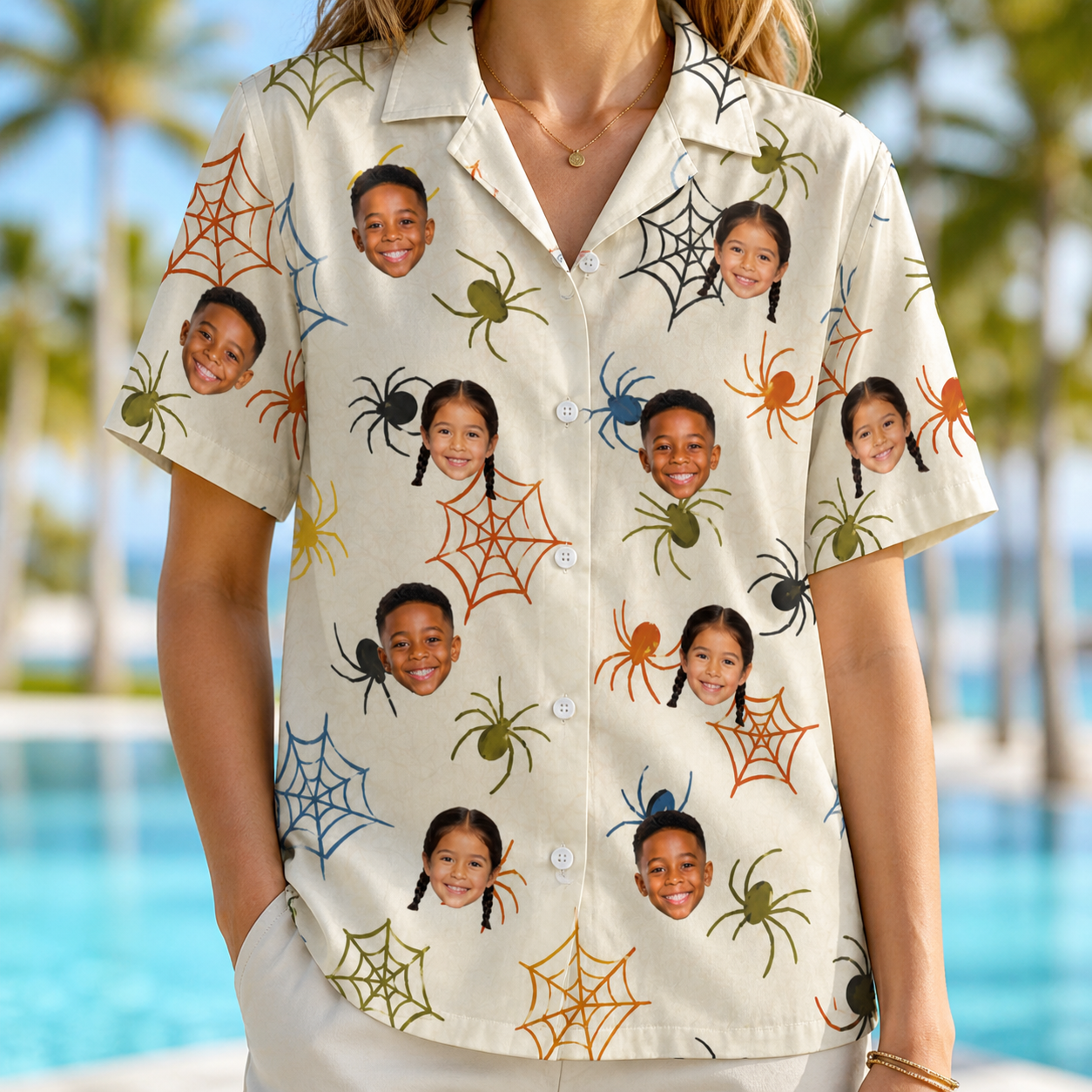 Model wearing Women's Creepy Crawlers Custom Face Hawaiian Shirt printed with kids' faces