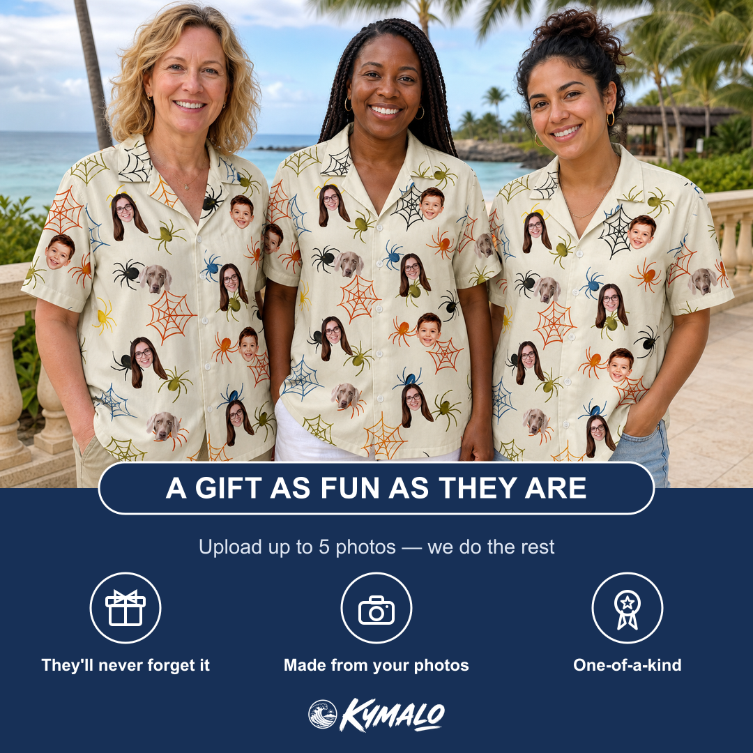 Friends in matching Women's Creepy Crawlers Custom Face Hawaiian Shirt — a group gift photo