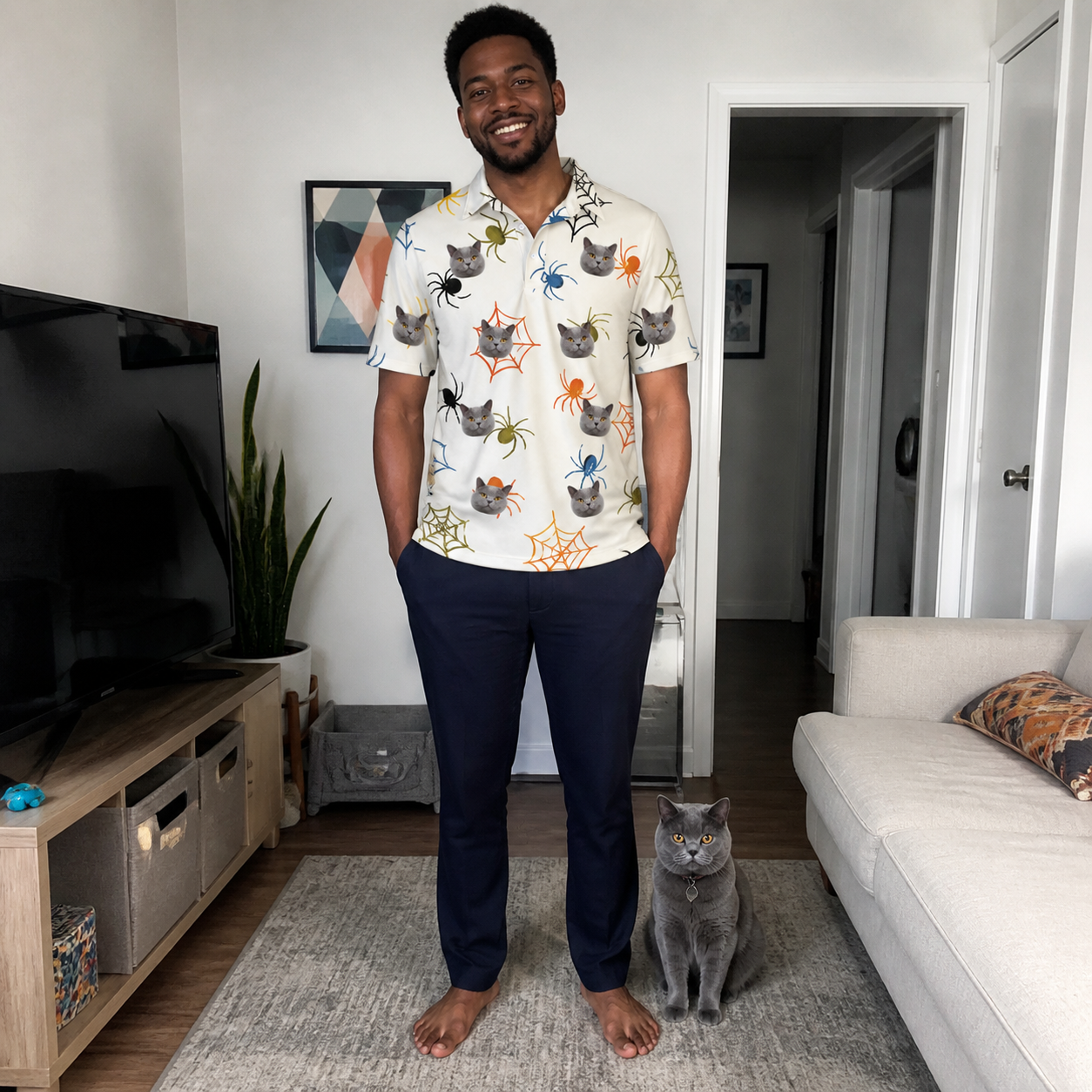 Full-length photo with the pet printed all over this Men's Creepy Crawlers Custom Cat Face Polo Shirt