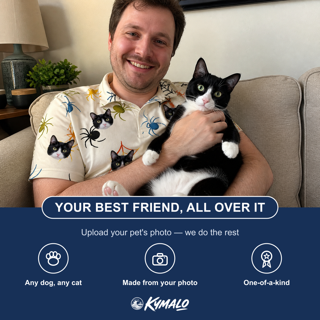 Friends in matching Men's Creepy Crawlers Custom Cat Face Polo Shirt — a group gift photo