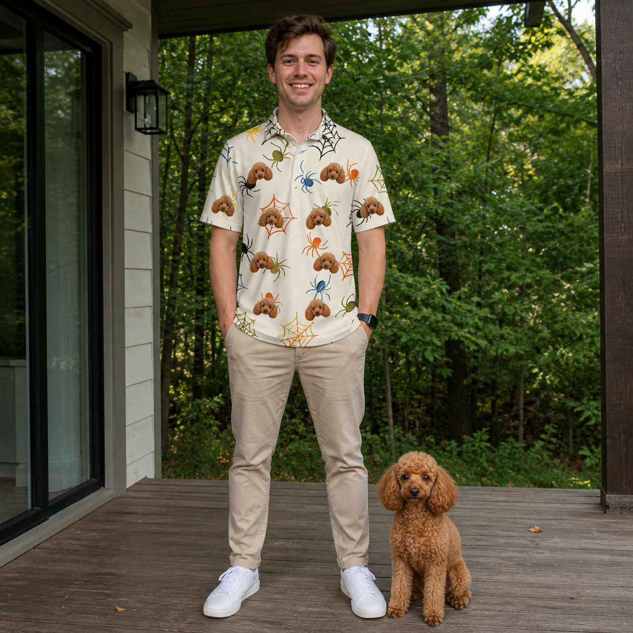 Full-length photo with the pet printed all over this Men's Creepy Crawlers Custom Dog Face Polo Shirt