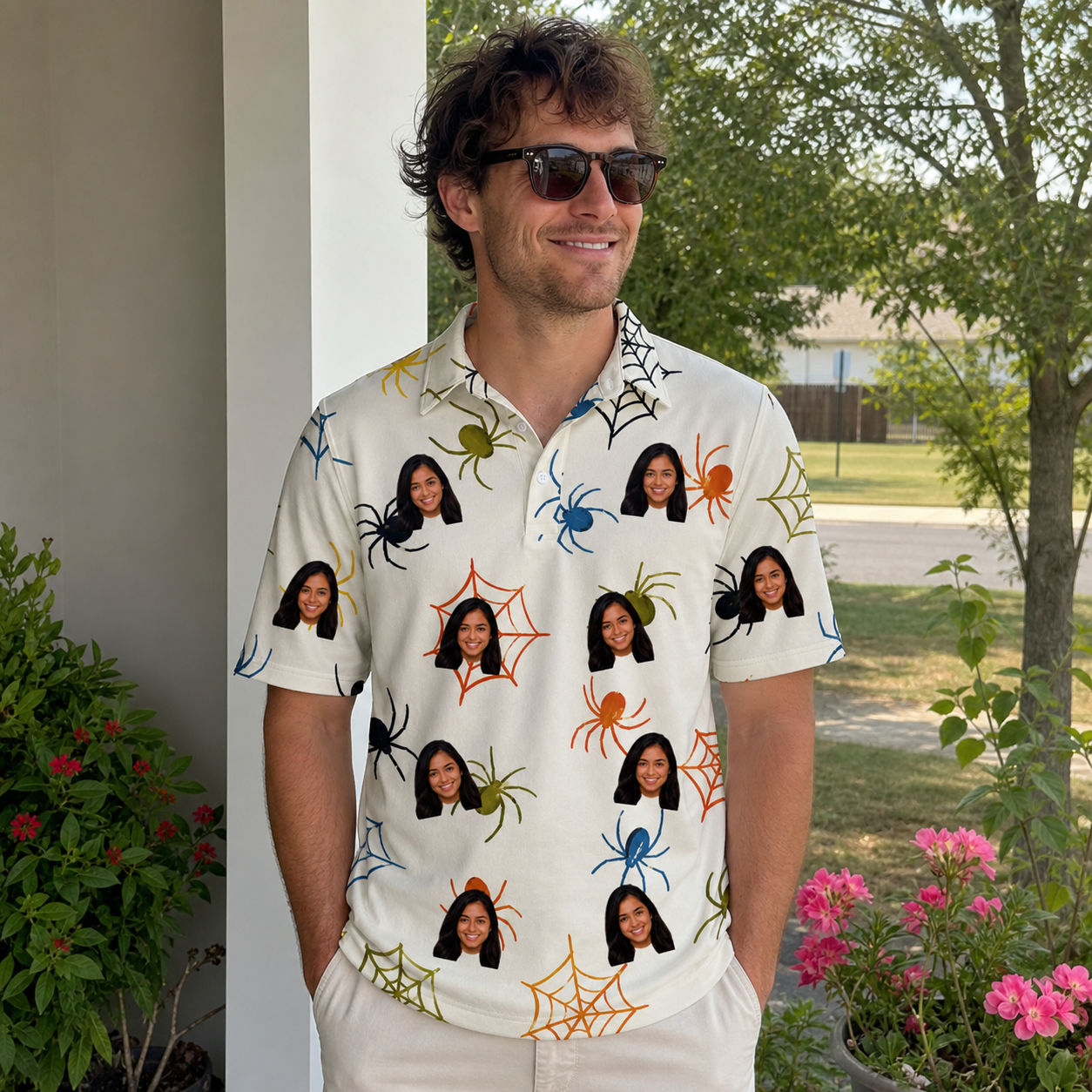 Real-life photo of someone wearing Men's Creepy Crawlers Custom Face Polo Shirt — custom faces printed all-over