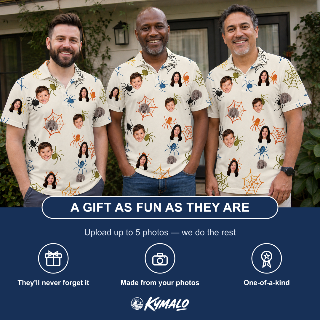 Friends in matching Men's Creepy Crawlers Custom Face Polo Shirt — a group gift photo