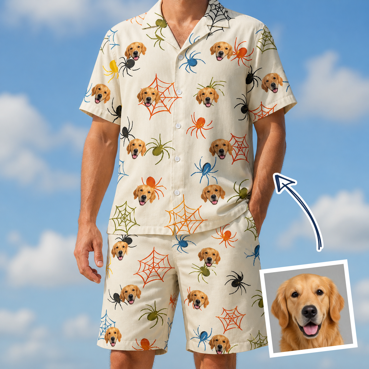 Man wearing Men's Creepy Crawlers Custom Dog Face Shirt & Shorts Set — custom faces printed all-over