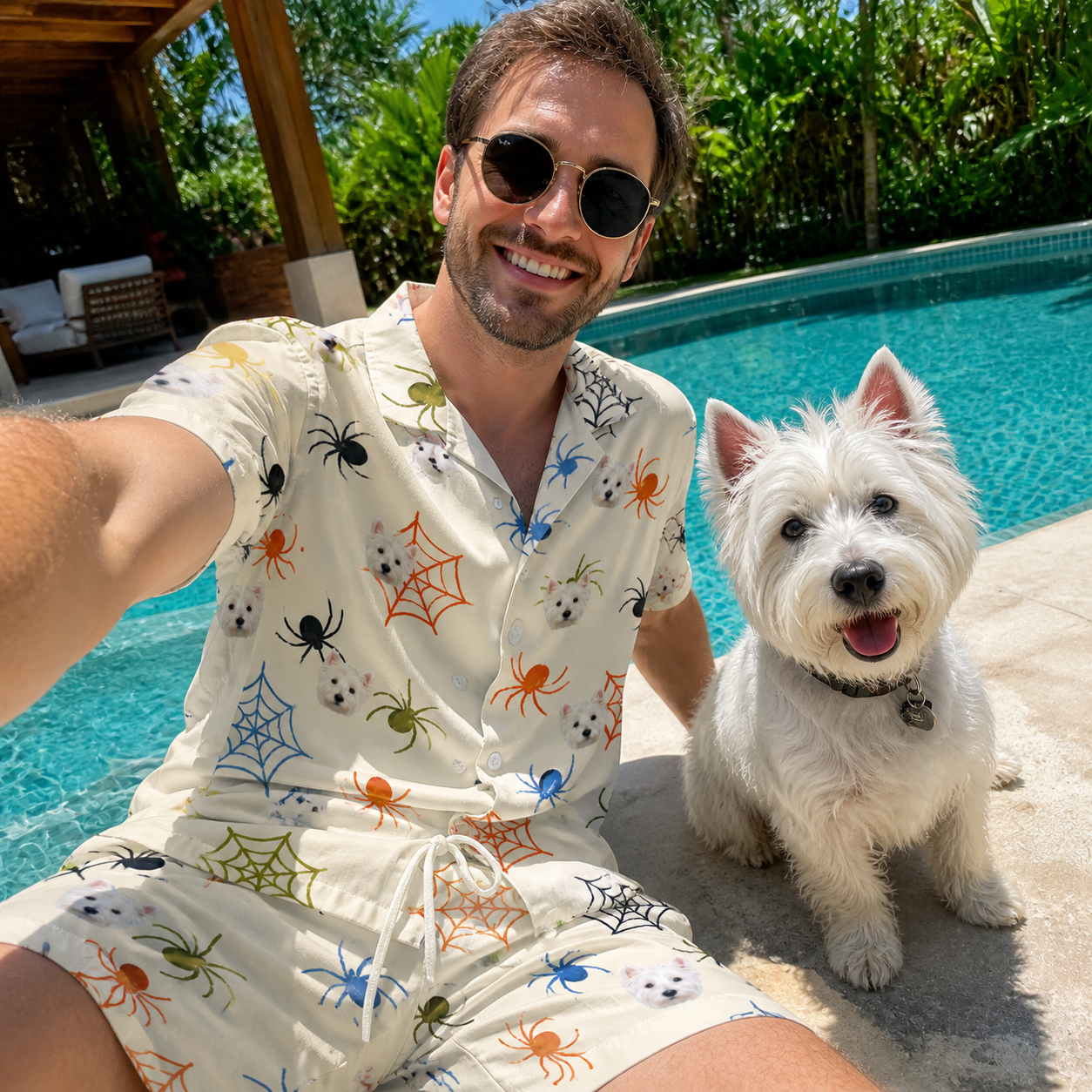 Selfie with the pet whose face is printed all over this Men's Creepy Crawlers Custom Dog Face Shirt & Shorts Set