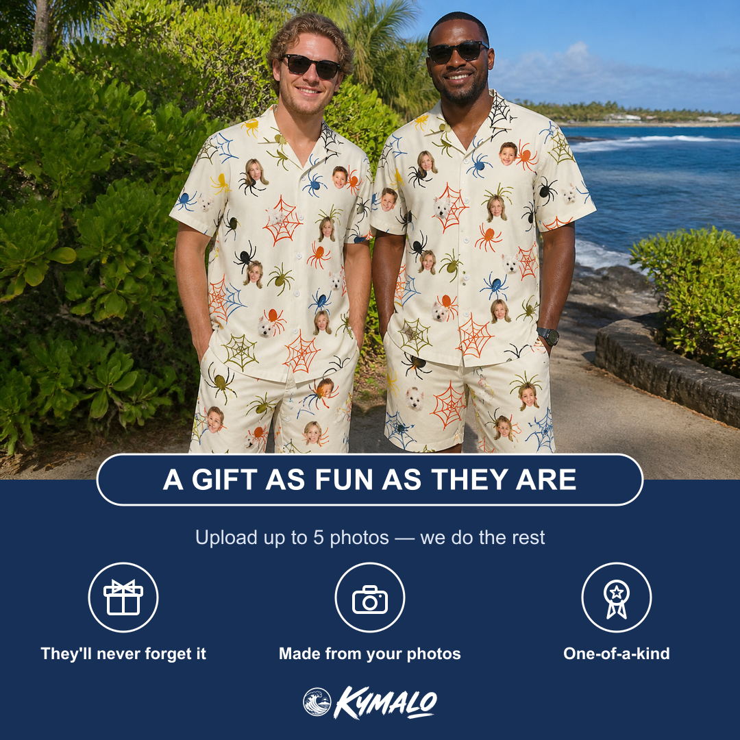 Friends in matching Men's Creepy Crawlers Custom Face Shirt & Shorts Set — a group gift photo