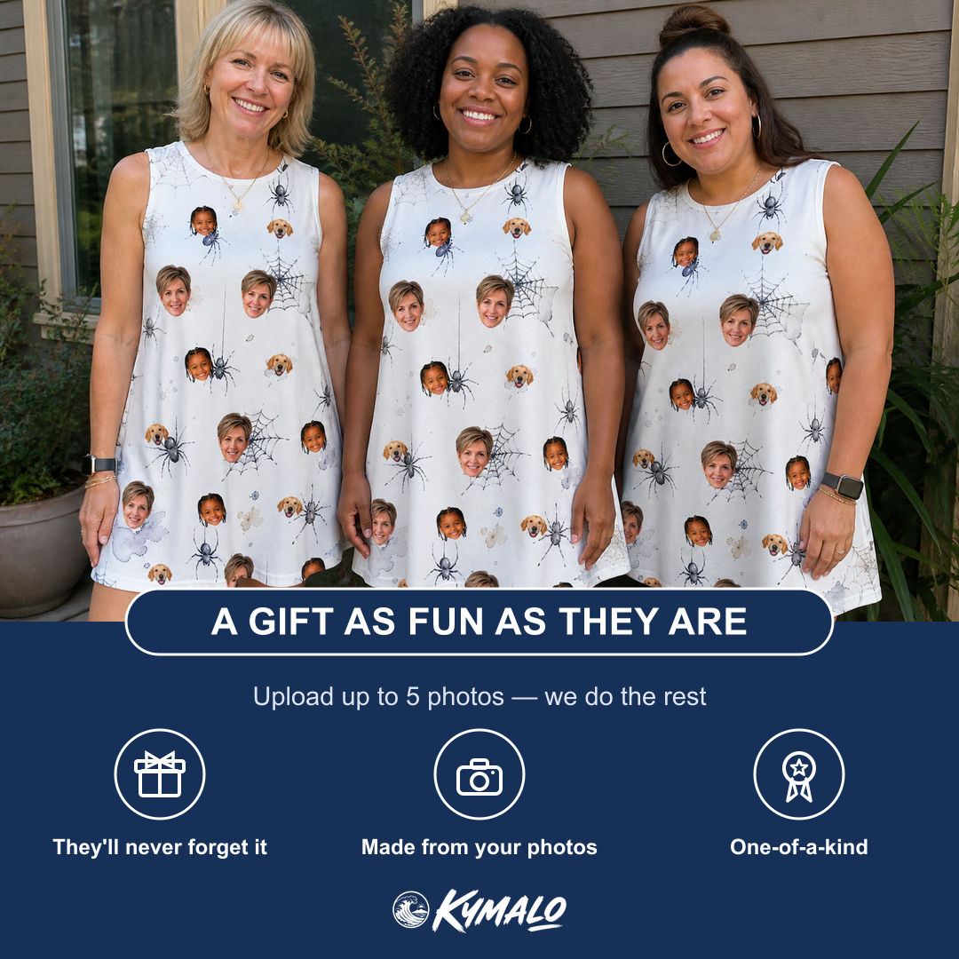 Friends in matching Women's Eight-Legged Elegance Custom Face Tank Dress — a group gift photo