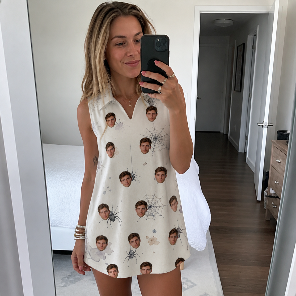 Real-life photo of someone wearing Women's Eight-Legged Elegance Custom Face V-Neck Dress — custom faces printed all-over