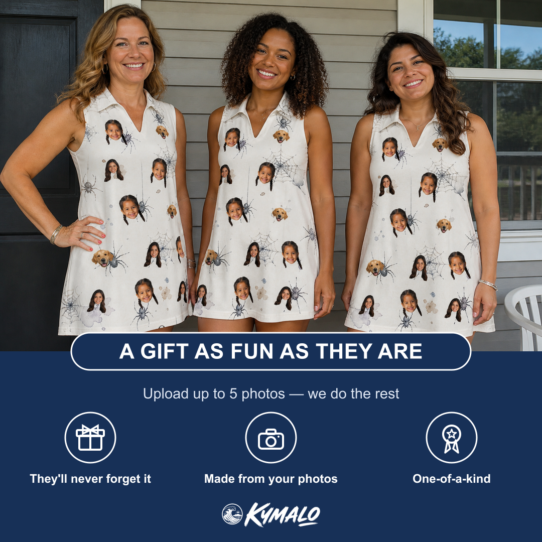 Friends in matching Women's Eight-Legged Elegance Custom Face V-Neck Dress — a group gift photo