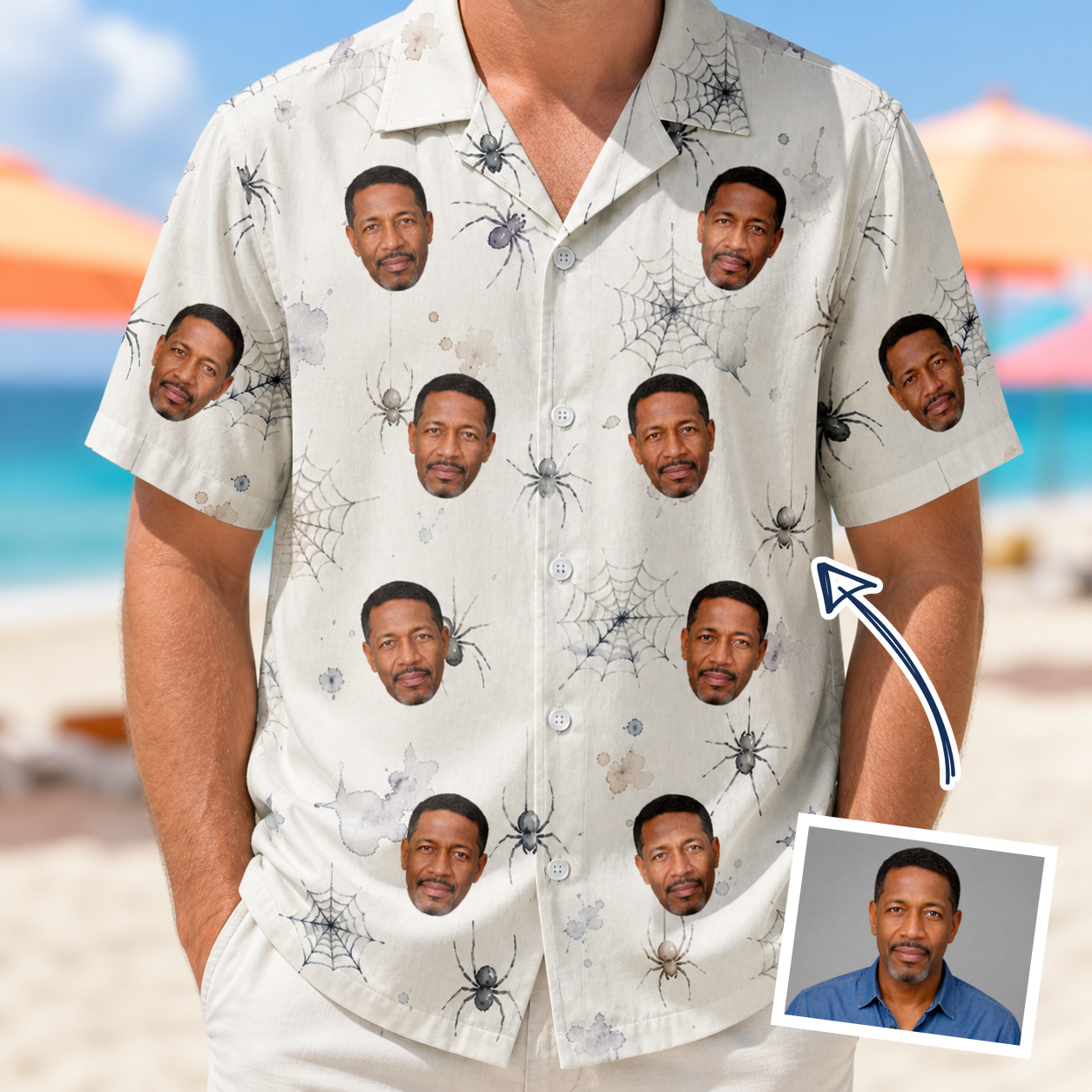 Man wearing Men's Eight-Legged Elegance Custom Face Hawaiian Shirt — custom faces printed all-over
