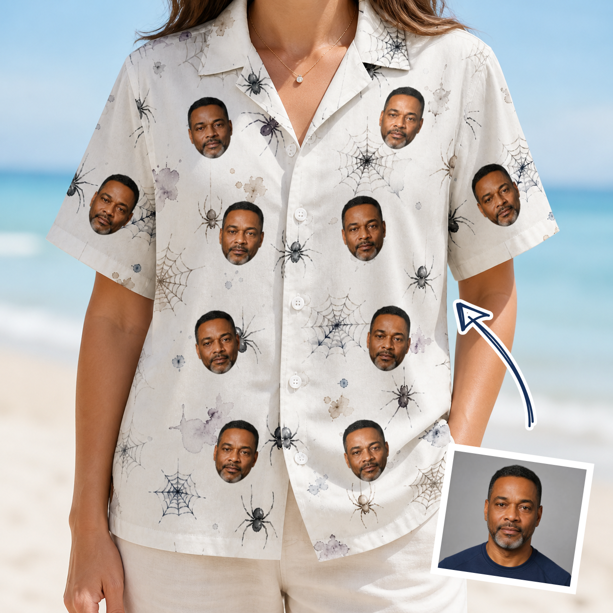 Woman wearing Women's Eight-Legged Elegance Custom Face Hawaiian Shirt — custom faces printed all-over