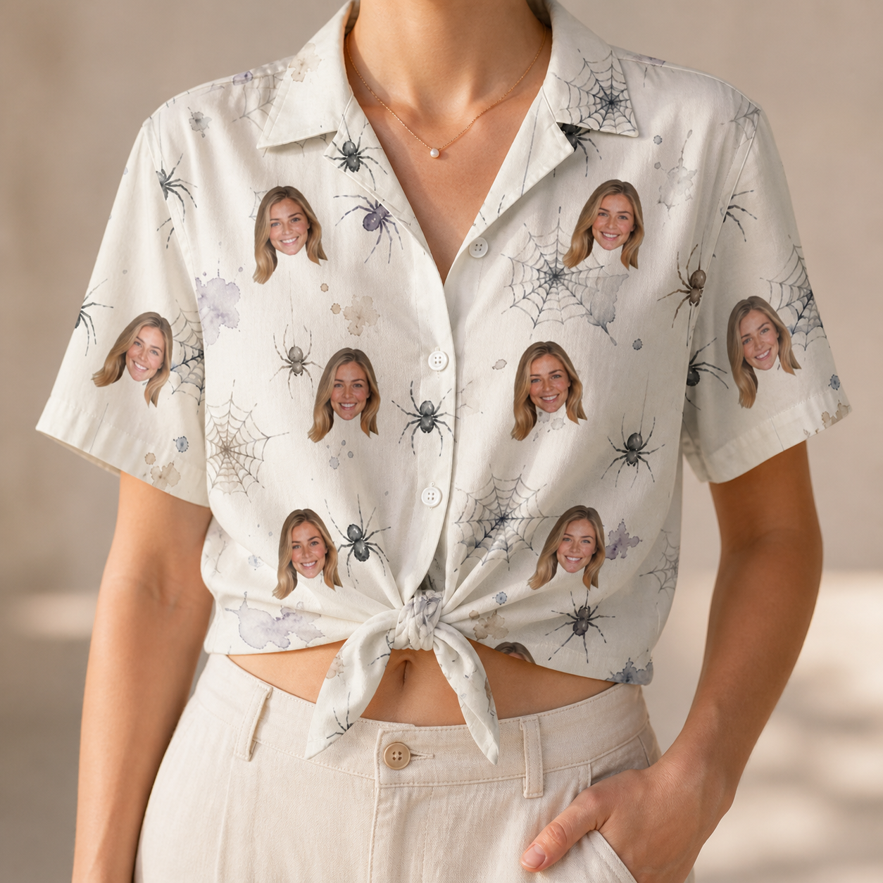 Woman wearing Women's Eight-Legged Elegance Custom Face Hawaiian Shirt tied at the waist