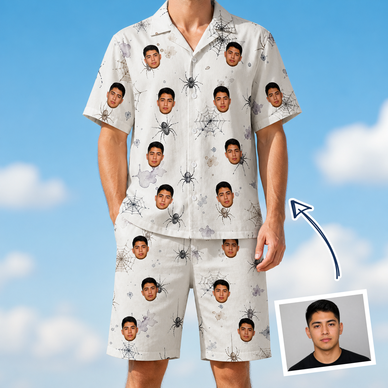 Man wearing Men's Eight-Legged Elegance Custom Face Shirt & Shorts Set — custom faces printed all-over