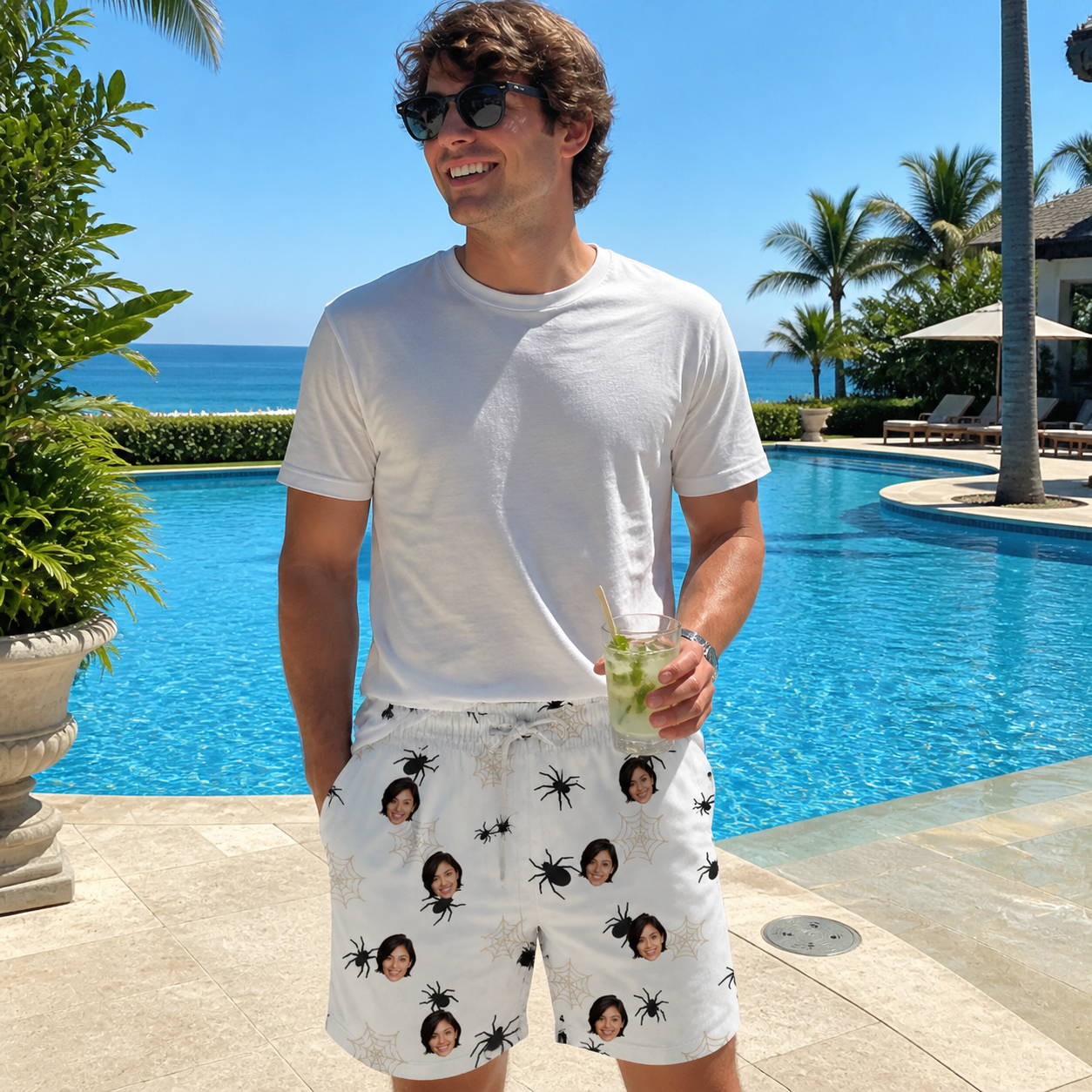 Real-life photo of someone wearing Men's Midnight Webbing Custom Face Beach Shorts — custom faces printed all-over