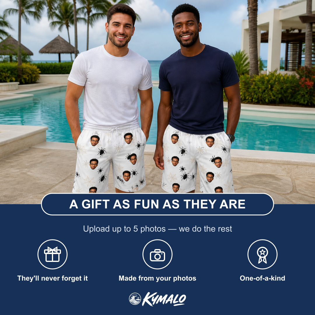 Friends in matching Men's Midnight Webbing Custom Face Beach Shorts — a group gift photo