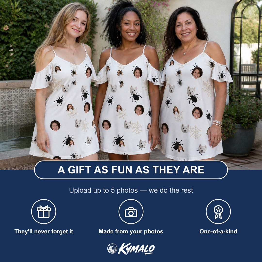 Friends in matching Women's Midnight Webbing Custom Face Off-Shoulder Dress — a group gift photo