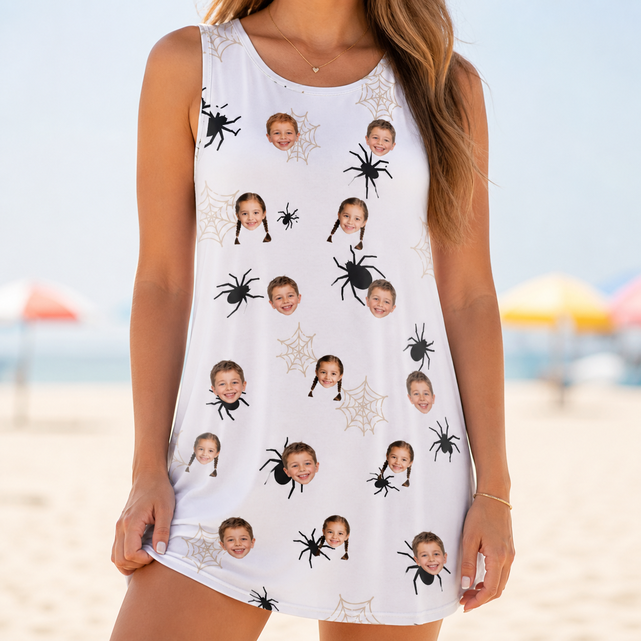 Model wearing Women's Midnight Webbing Custom Face Tank Dress printed with kids' faces