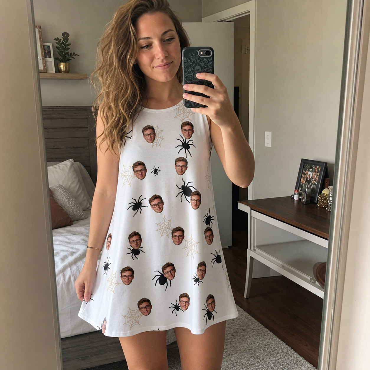 Real-life photo of someone wearing Women's Midnight Webbing Custom Face Tank Dress — custom faces printed all-over