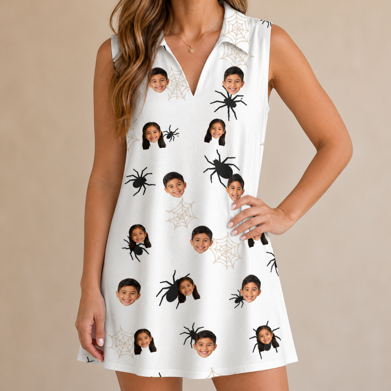 Model wearing Women's Midnight Webbing Custom Face V-Neck Dress printed with kids' faces