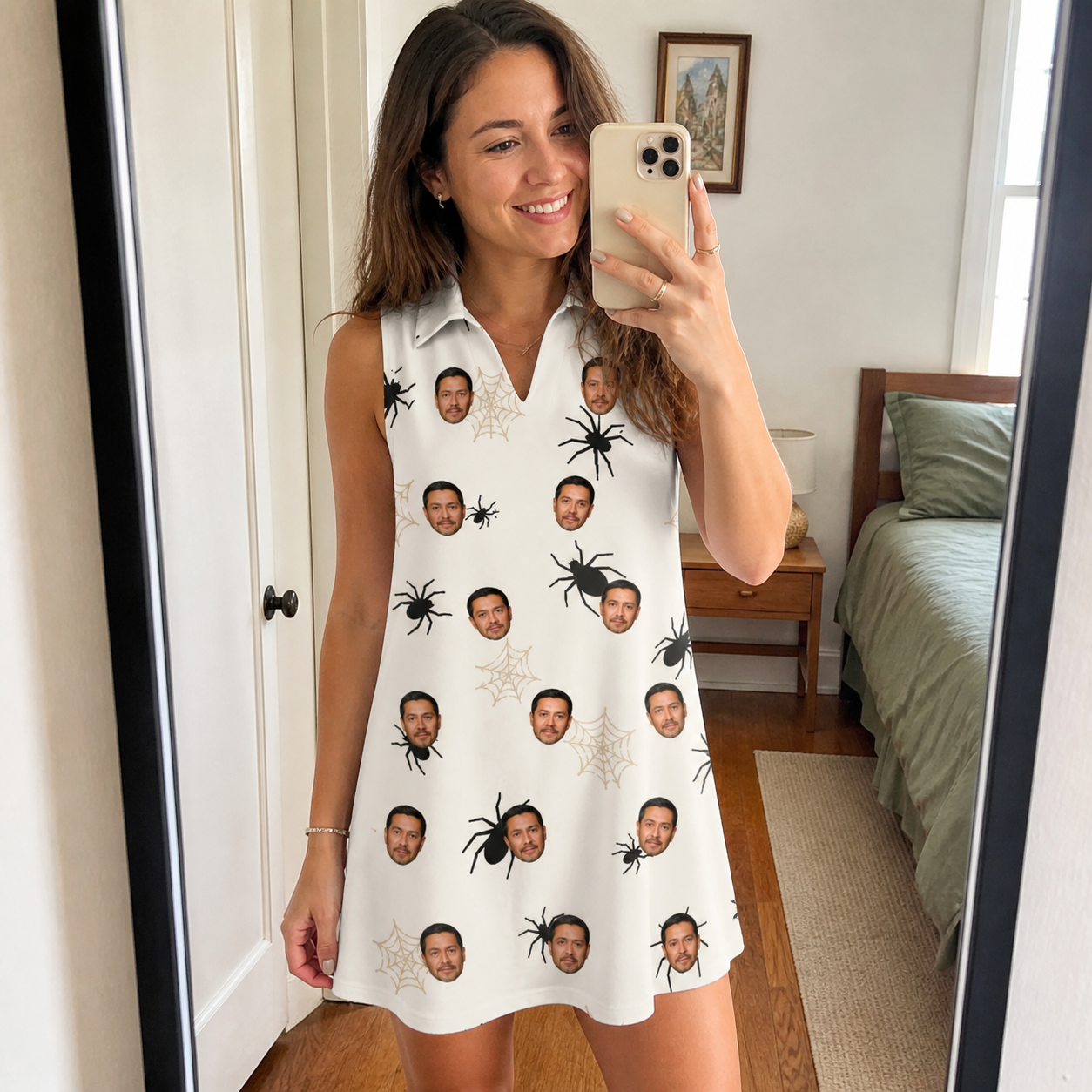 Real-life photo of someone wearing Women's Midnight Webbing Custom Face V-Neck Dress — custom faces printed all-over