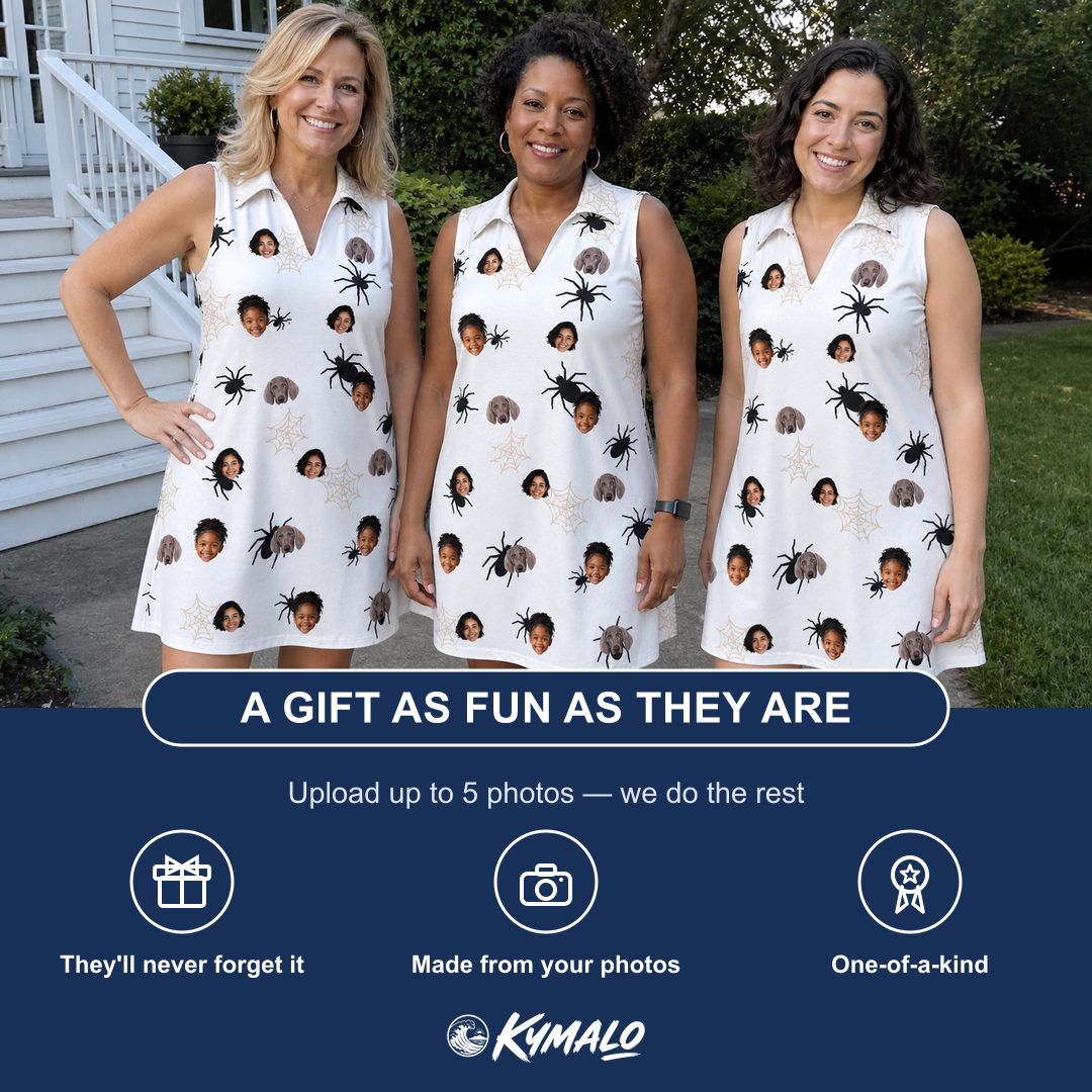 Friends in matching Women's Midnight Webbing Custom Face V-Neck Dress — a group gift photo