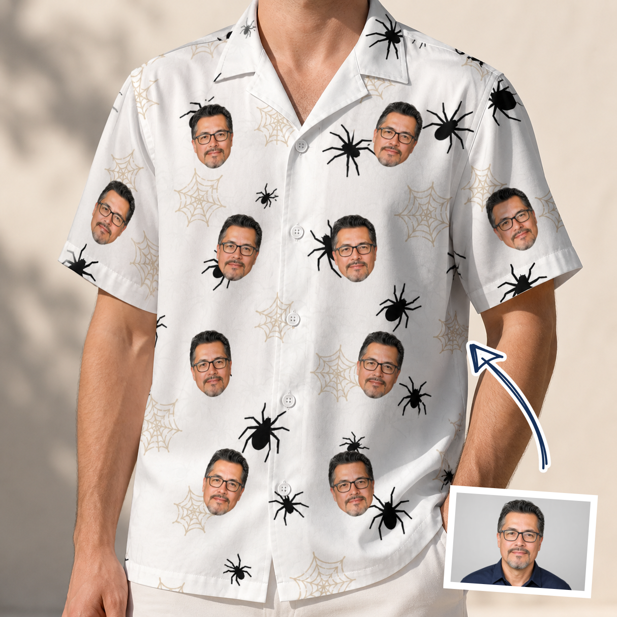 Man wearing Men's Midnight Webbing Custom Face Hawaiian Shirt — custom faces printed all-over