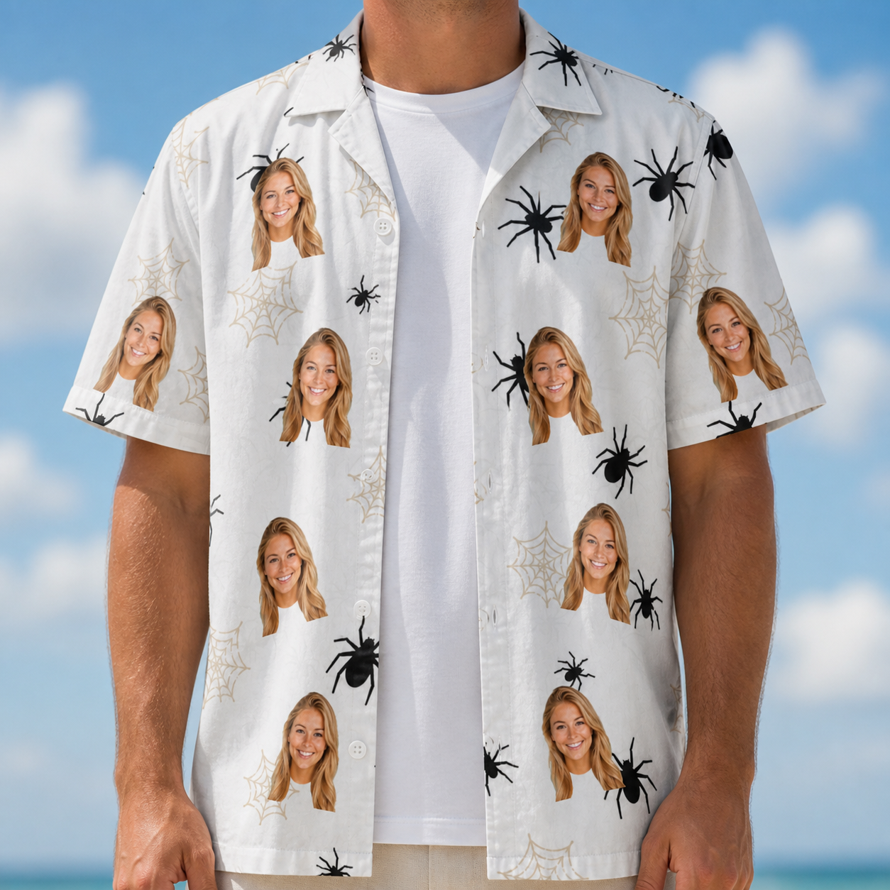 Man wearing Men's Midnight Webbing Custom Face Hawaiian Shirt open over a white tee