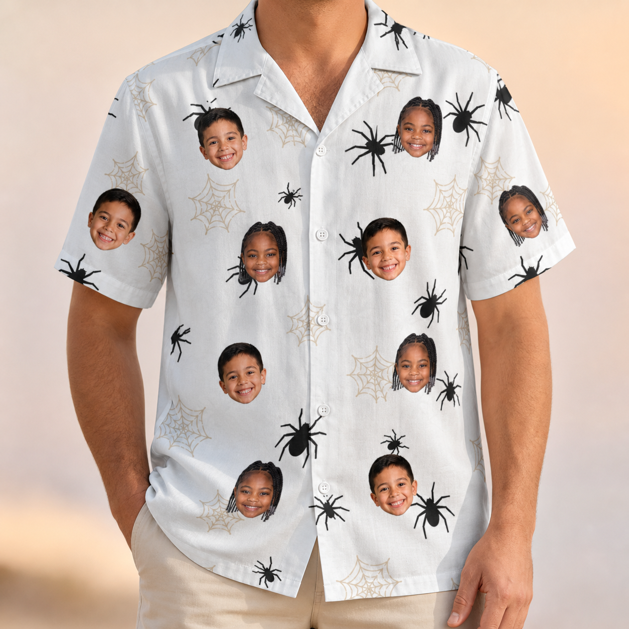 Model wearing Men's Midnight Webbing Custom Face Hawaiian Shirt printed with kids' faces
