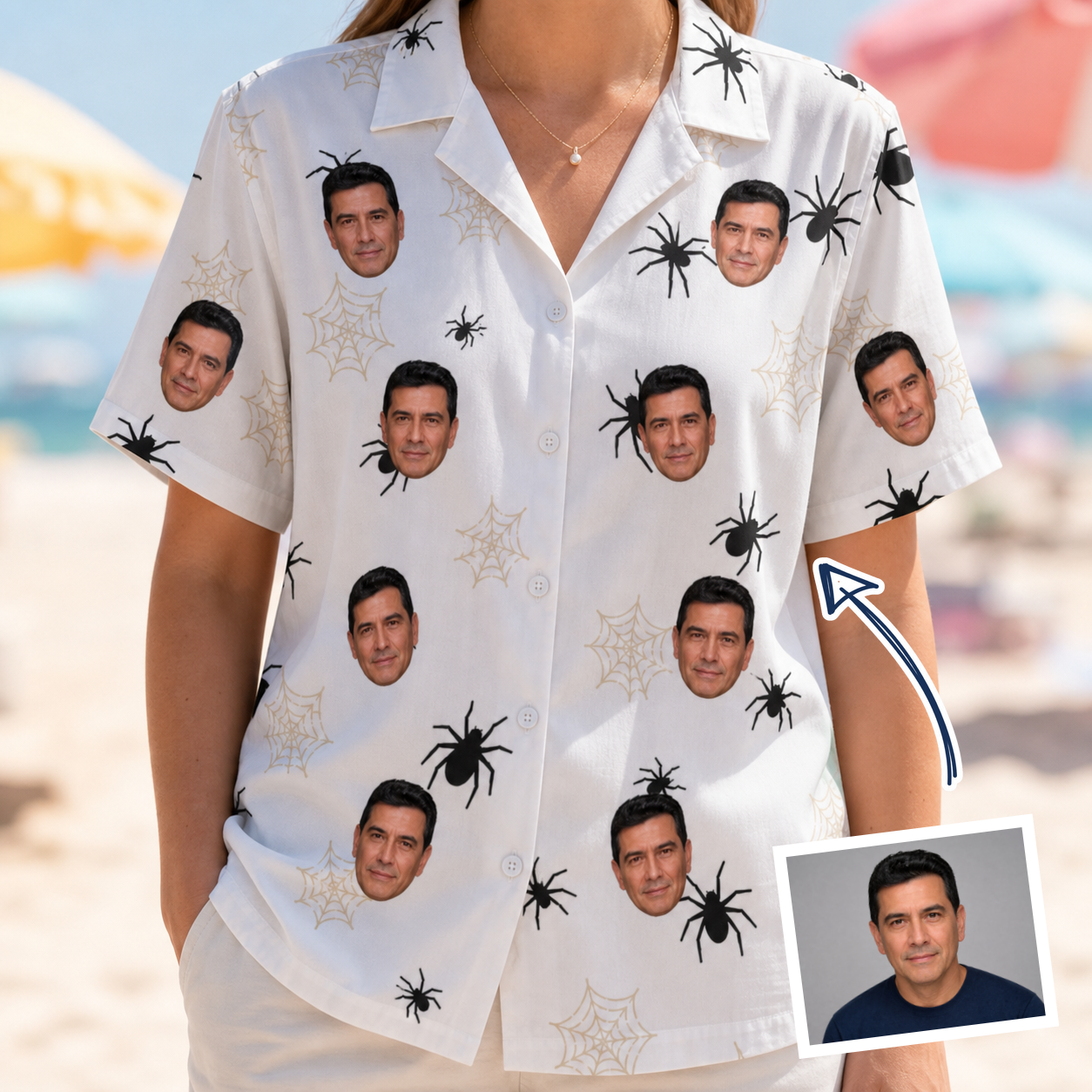Woman wearing Women's Midnight Webbing Custom Face Hawaiian Shirt — custom faces printed all-over