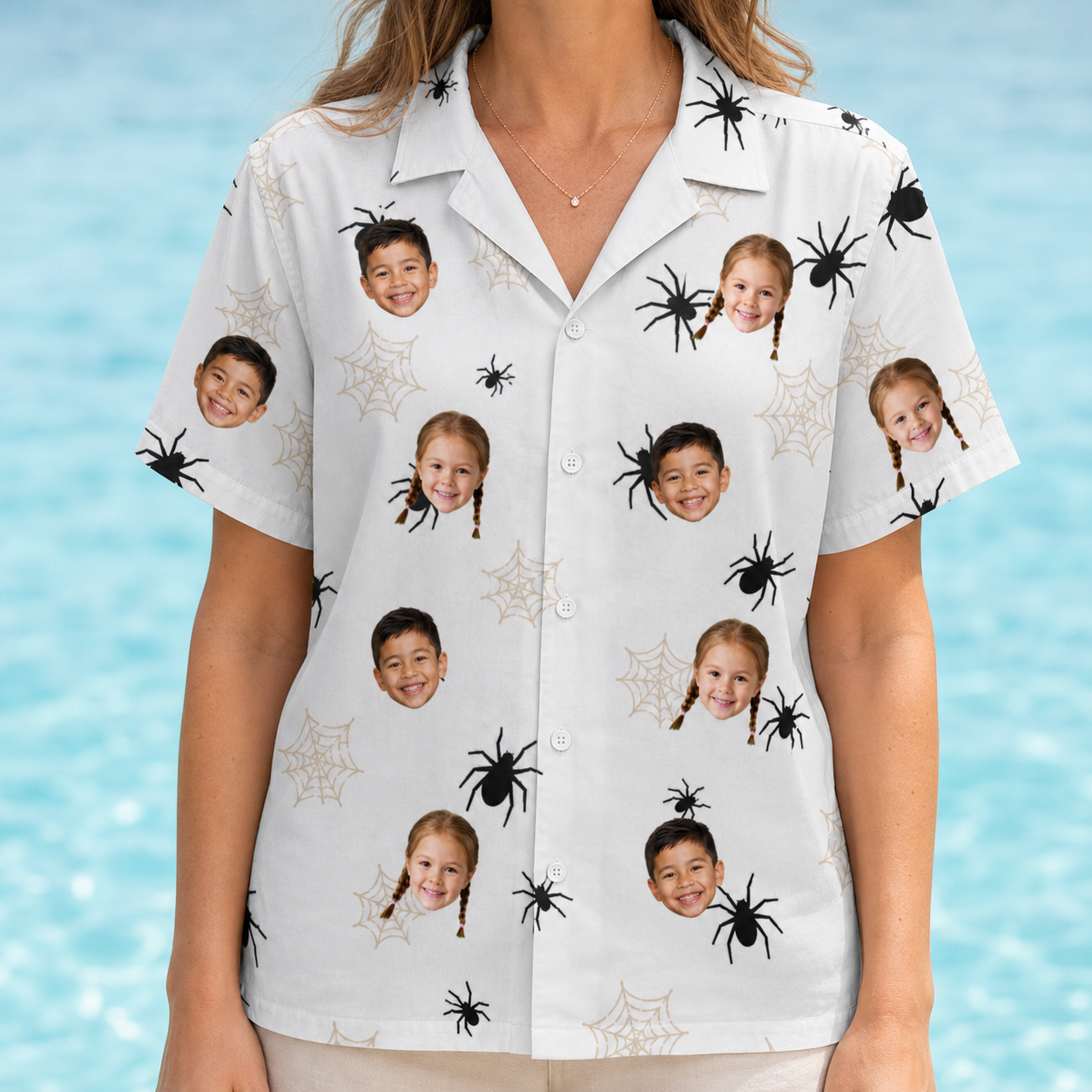 Model wearing Women's Midnight Webbing Custom Face Hawaiian Shirt printed with kids' faces
